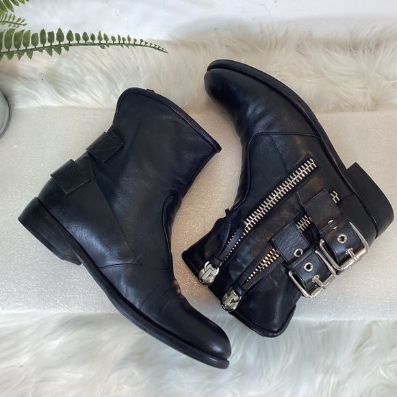 GIUSEPPE ZANOTTI BLACK LEATHER MOTO COMBAT BOOTS ZIPPERS STRAPS EUR 38 US 8 - Picture 6 of 14